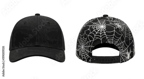 Vector illustration of front and back view of a black baseball cap with spider web pattern on a transparent background