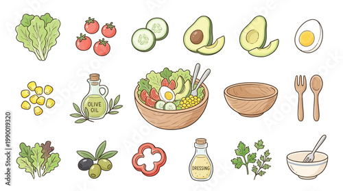 A comprehensive collection of fresh ingredients and tools for making a healthy and delicious salad, including various vegetables, oils, and serving bowls.