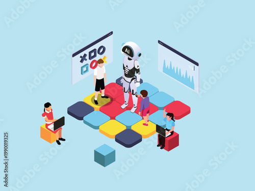 Isometric AI Robot Teaching Children in Virtual Digital Classroom 3d isometric vector illustration