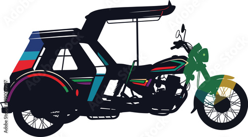 Colorful motorized tricycle with sidecar illustration three wheeler public transport white background engine powered tricycle motorcycle transport transportation automotive motorbike