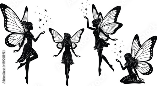 Silhouettes of four fairies with butterfly wings black and white silhouette mythical creature imagination whimsical graceful ethereal enchanting illustration isolated decoration childhood