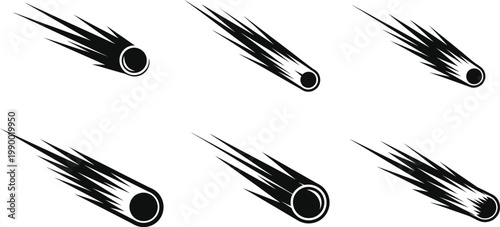 Six grunge style comets or meteors falling with brush stroke outer space night sky celestial astronomy streaking illustration abstract disaster natural phenomenon trajectory