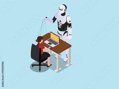Robot Controlling Human as Puppet:of AI Dominance and Workplace Automation Concept 3d isometric vector illustration