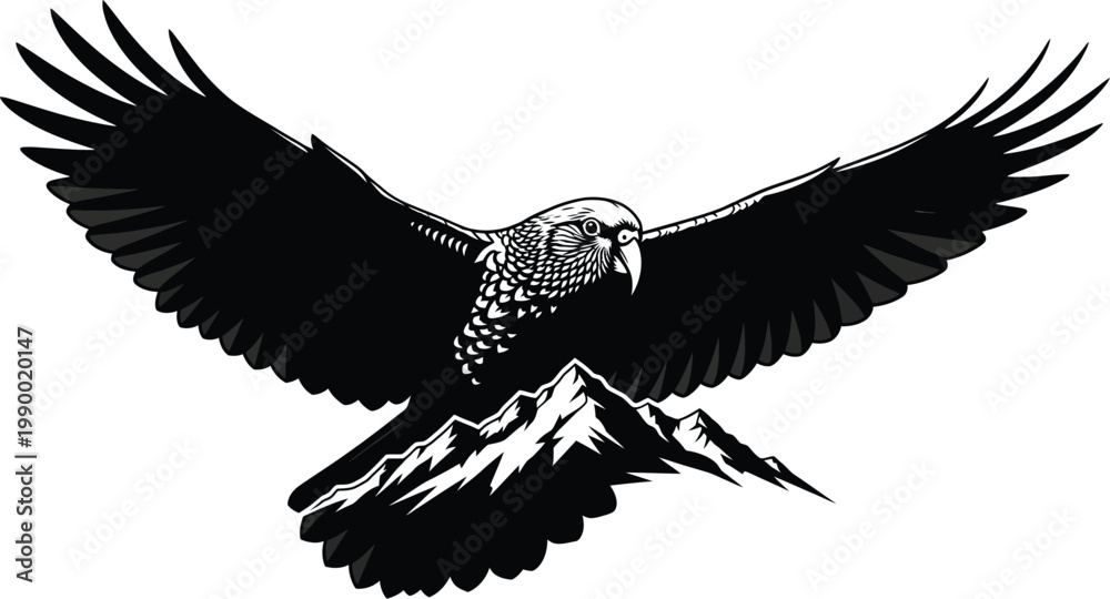 Obraz premium Bird of prey with wings spread over mountains black and white mountain wildlife silhouette majestic landscape wilderness predator symbolic representation boldness illustration outdoors