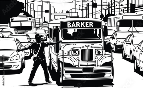 Street scene with jeepney and traffic public transport black and white rush hour illustration transportation congestion silhouette cityscape passenger automobile commuter movement