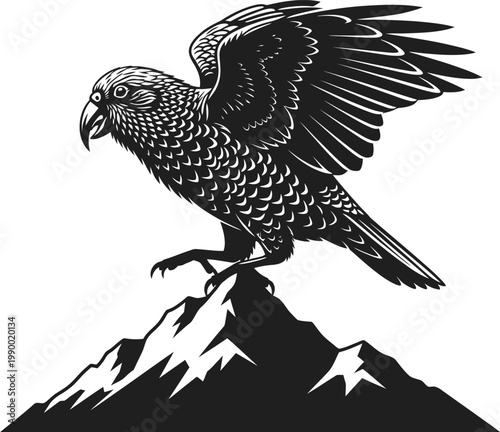 Bird of prey perched on a mountain peak with black and white mountain illustration standing wildlife silhouette strength majestic altitude outdoors wilderness territory predator symbolic