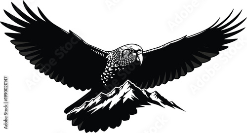 Bird of prey with wings spread over mountains black and white mountain wildlife silhouette majestic landscape wilderness predator symbolic representation boldness illustration outdoors