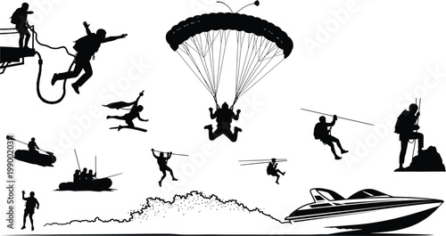 Outdoor extreme sports and activities vector silhouettes with rock climbing speed boat water sports air sports leisure activity adventure activity recreation silhouette paragliding challenge