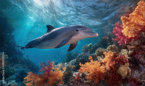 Dolphin near coral reef, sun rays filtering through water surface