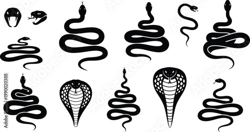 Collection of black cobra and snake icons with silhouette illustration venomous wildlife reptilia predator aggressive abstract minimalist symbolic artistic creature