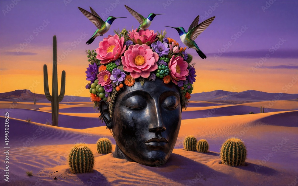 Fototapeta premium Desert head adorned with flowers and hummingbirds cacti scattered