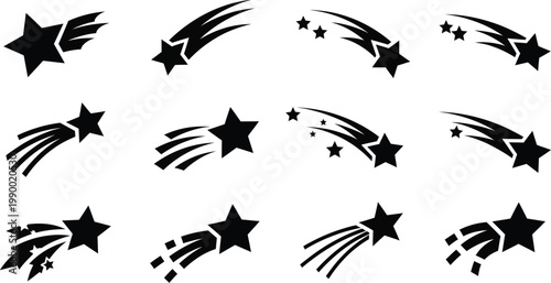 Set of stylized shooting star icons with good luck black and white illustration astronomy celestial celebration achievement template minimalist stylized collection abstract