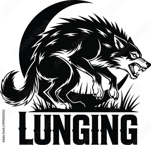 Stylized illustration of a lunging wolf with black and white predator illustration stylized wildlife creature aggressive strength animalistic silhouette menacing powerful