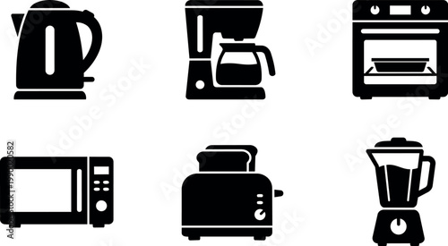 Black and white household kitchen appliances icons set kettle coffee maker oven microwave toaster blender