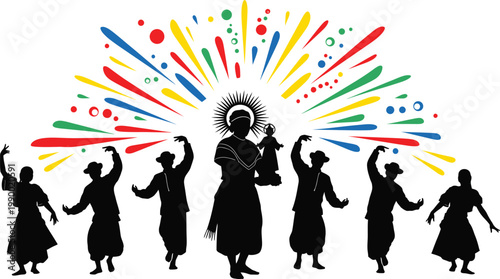 Silhouettes of dancers celebrating with colorful explosion celebration silhouette festival movement illustration tradition performance religious activity energetic colorful background