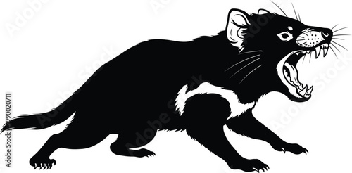 Black and white drawing of a snarling tasmanian devil with wildlife illustration silhouette marsupial aggressive creature carnivore predator animalistic menacing