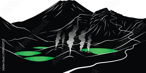 Volcanic landscape with hot springs and steaming vents illustration hot spring black and white background landscape mountain geothermal environment illustration abstract stylized