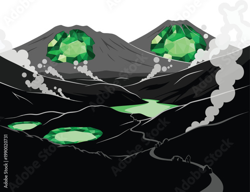 Volcanic landscape with emerald pools and gemstone peaks illustration hot spring black and white background landscape mountain gemstone geothermal environment illustration abstract