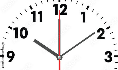 Analog clock face with red second hand at 10:00 on time measurement chronometer counting schedule appointment deadline punctual punctuality instantanous timekeeping background minimalist