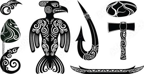 Maori ta moko inspired tattoo designs in black silhouette with ta moko maori art fish hook hei matau wood carving stone carving representation of silhouette new zealand ancestor traditional
