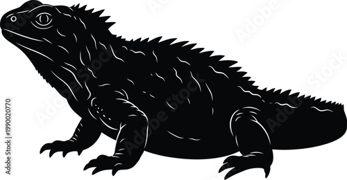 Black silhouette of an iguana with black and white silhouette wildlife illustration isolated creature animalistic profile view herpetology distinctive background minimalist representation