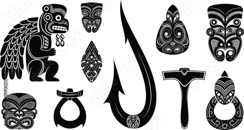 Maori and polynesian tattoo art collection with fish hook hei matau wood carving stone carving representation of polynesian collection silhouette new zealand traditional heritage stylized