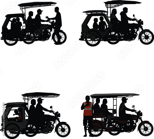 Compilation of auto rickshaw silhouettes with passengers tuk public transport white background transportation system silhouette passenger transport motorcycle tricycle transportation