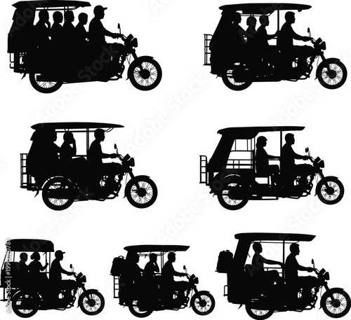 Silhouette set of auto rickshaws with passengers auto rickshaw tuk public transport white background transportation system silhouette transport passenger motorcycle tricycle mobility