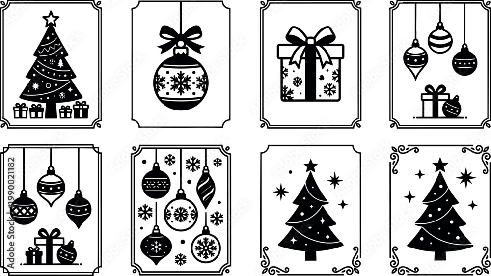 Fototapeta premium Black and white christmas tree ornaments gift boxes vector art