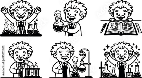 Black and white vector art scientist with test tubes and open book series