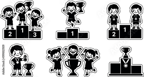 Black and white kids winning trophies on podium vector art illustrations