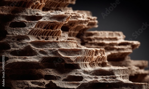 Detailed view of rugged, stratified rock surface under directional light