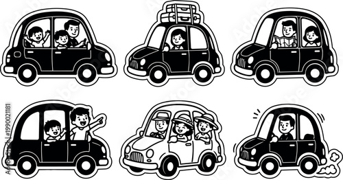 Black and white family car rides with luggage smiling passengers and waving hands