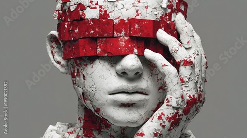 Conceptual Distressed Blindness Sculpture with Cracked Plaster and Red Blindfold Art