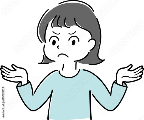両手を広げて説明する女性の全身シンプルイラスト（怒り・注意・困惑・お手上げ・人物素材）/ Woman spreading hands and angry simple line illustration (warning, complain, explanation, confusion, helpless gesture, people)