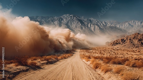 Atmospheric Landscape of Dusty Road Leading to Mountain Range Scenery