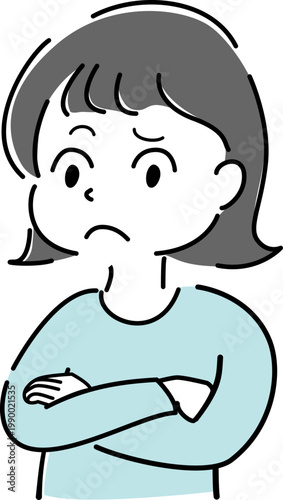 腕を組んで困った顔の女性のシンプルイラスト（注意・解説・怒り・不満・困惑・人物素材） / Full body worried woman with arms crossed simple line illustration (warning, question, confusion, unsatisfied, complain, compare, trouble)