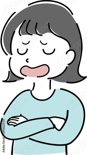 指差しして説明する女性のシンプルイラスト（案内・解説・呆れ・困惑・人物素材） / Woman pointing and explaining simple line illustration (guidance, explanation, confusion, helpless gesture, people)