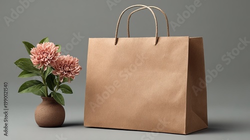 Elegant Still Life with Brown Paper Shopping Bag and Pink Flower