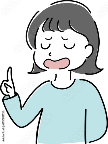 指差しして説明する女性の上半身シンプルイラスト（案内・解説・呆れ・困惑・人物素材） / Woman pointing and explaining simple line illustration (guidance, explanation, confusion, helpless gesture, people)