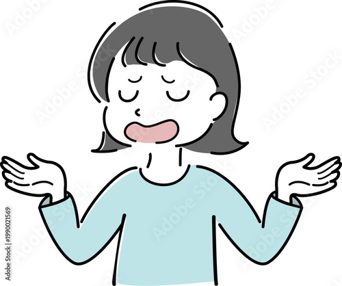 両手を広げて説明する女性のシンプルイラスト（案内・諦め・解説・呆れ・困惑・お手上げ・人物素材） / Woman spreading hands and explaining simple line illustration (guidance, explanation, confusion, helpless gesture, people)