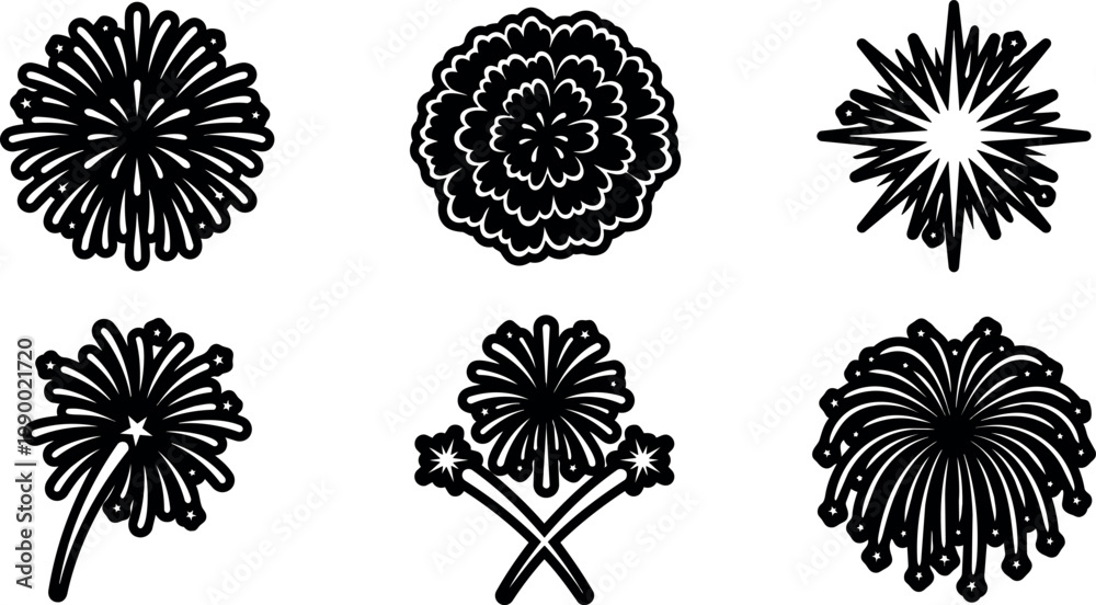Fototapeta premium Black and white vector art set of six fireworks with star details