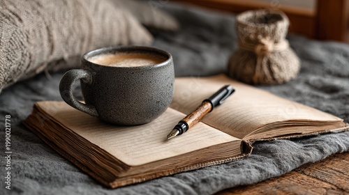 Cozy Still Life of Coffee Cup and Open Book on Blanket