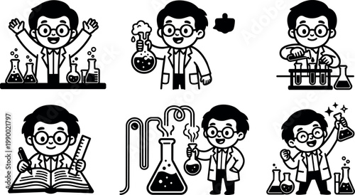 Black and white cartoon scientist with glasses and lab coat holding beakers and doing experiments