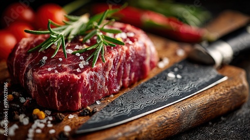 Close Up Premium Raw Beef Steak Preparation with Rosemary