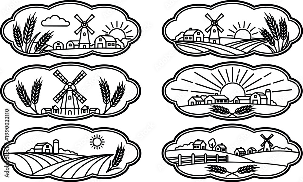 Fototapeta premium Black and white rural farm scenes with windmills wheat and sun vector line art
