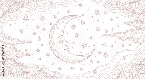 Red celestial crescent moon illustration with stars and mystic clouds.