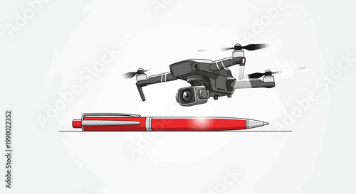 Drone hovers over a red pen, symbolizing innovation in creativity and communication.