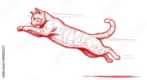 Red line drawing sketch of a cat jumping in a fast and dynamic action pose.