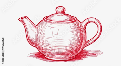 Red sketch of a classic teapot on a white background.